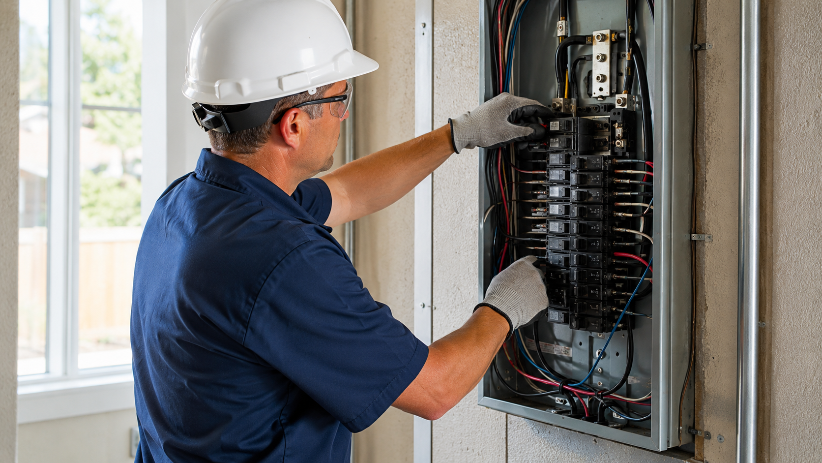 Licensed electrician installing a modern electrical panel in a Fort Worth home to improve electrical safety, increase power capacity, and support modern household electrical demands.