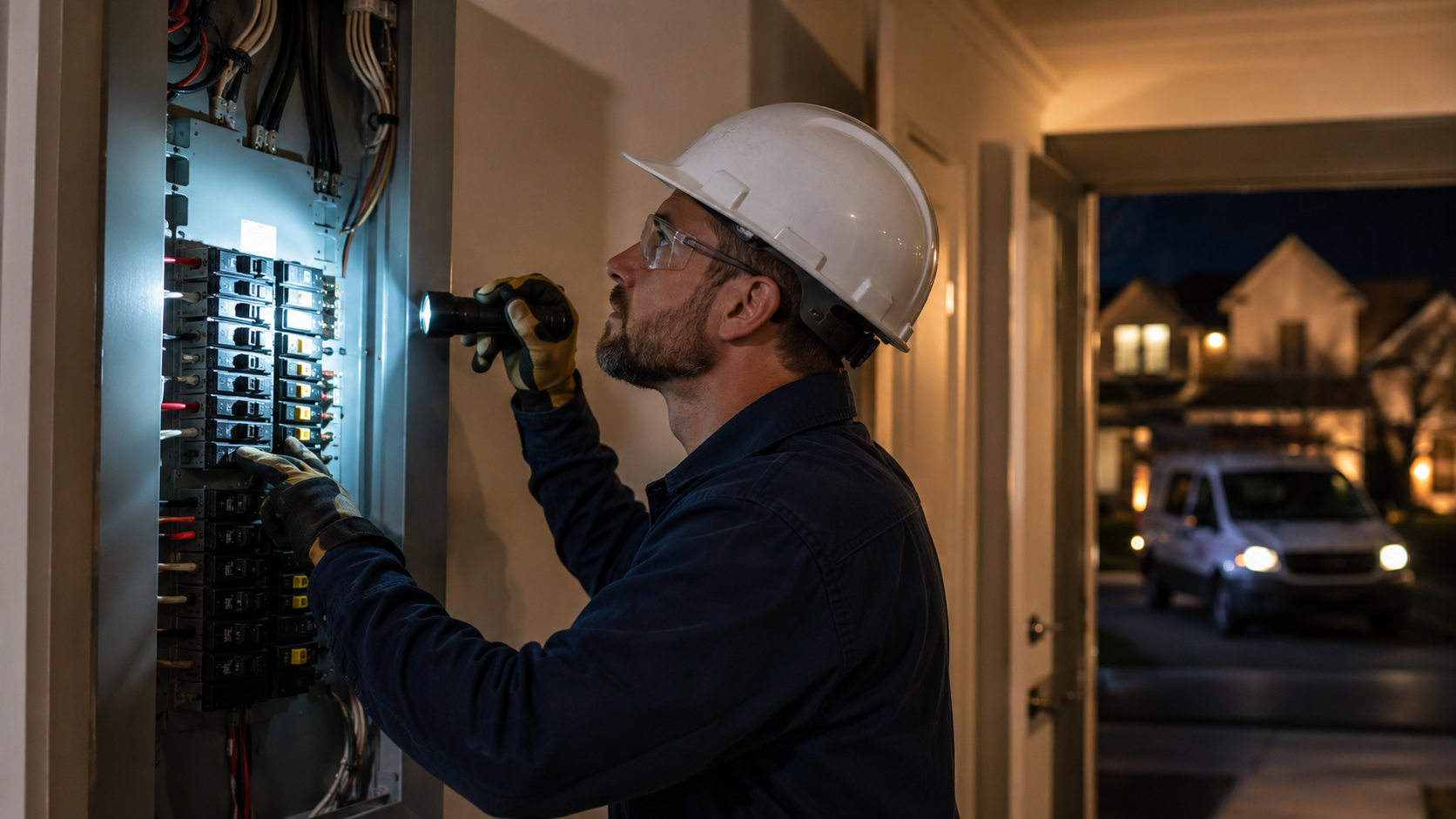 Licensed Electrician Responding to Nighttime Power Outage